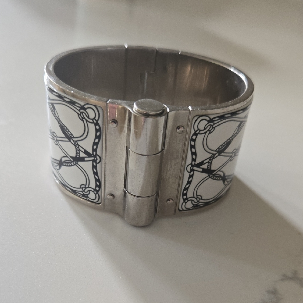 Hermes White and Silver Enamel Wide Cuff Bracelet